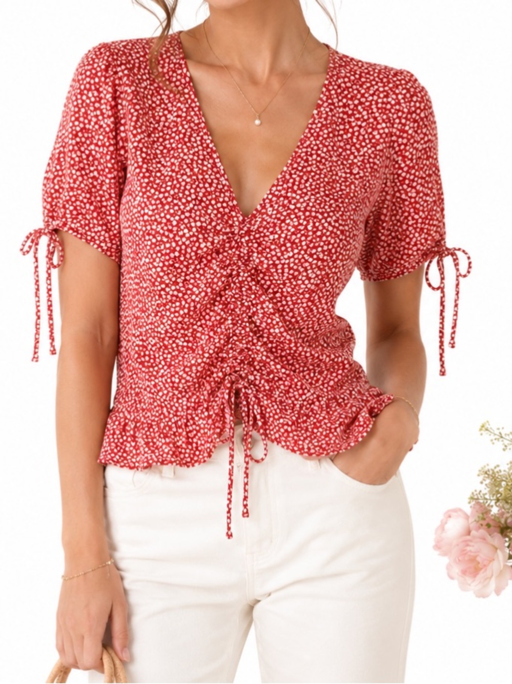 H&M Red Floral Short Sleeve Blouse